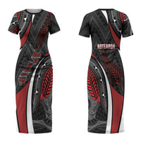 Aotearoa New Zealand Native Birds Map Couples Matching Short Sleeve Bodycon Dress and Hawaiian Shirt Silver Fern Tribal Pattern