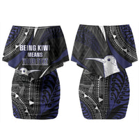 Personalised New Zealand Kiwi Family Matching Off Shoulder Short Dress and Hawaiian Shirt Silver Fern Tribal Pattern DT05 Mom's Dress Navy - Polynesian Pride