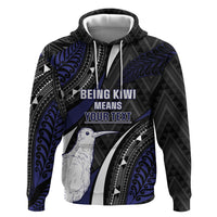 Personalised New Zealand Kiwi Zip Hoodie Silver Fern Tribal Pattern DT05 Pullover Hoodie Navy - Polynesian Pride