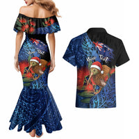 Personalised New Zealand Christmas Couples Matching Mermaid Dress and Hawaiian Shirt Santa Kiwi Bird With Pohutukawa Flowers DT05 - Polynesian Pride