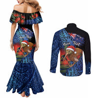 Personalised New Zealand Christmas Couples Matching Mermaid Dress and Long Sleeve Button Shirt Santa Kiwi Bird With Pohutukawa Flowers - Polynesian Pride