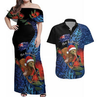Personalised New Zealand Christmas Couples Matching Off Shoulder Maxi Dress and Hawaiian Shirt Santa Kiwi Bird With Pohutukawa Flowers DT05 Navy - Polynesian Pride