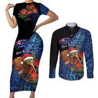 Personalised New Zealand Christmas Couples Matching Short Sleeve Bodycon Dress and Long Sleeve Button Shirt Santa Kiwi Bird With Pohutukawa Flowers DT05 Navy - Polynesian Pride