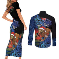 Personalised New Zealand Christmas Couples Matching Short Sleeve Bodycon Dress and Long Sleeve Button Shirt Santa Kiwi Bird With Pohutukawa Flowers DT05 - Polynesian Pride