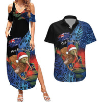 Personalised New Zealand Christmas Couples Matching Summer Maxi Dress and Hawaiian Shirt Santa Kiwi Bird With Pohutukawa Flowers DT05 Navy - Polynesian Pride