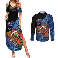 Personalised New Zealand Christmas Couples Matching Summer Maxi Dress and Long Sleeve Button Shirt Santa Kiwi Bird With Pohutukawa Flowers DT05 Navy - Polynesian Pride