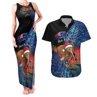 Personalised New Zealand Christmas Couples Matching Tank Maxi Dress and Hawaiian Shirt Santa Kiwi Bird With Pohutukawa Flowers - Polynesian Pride