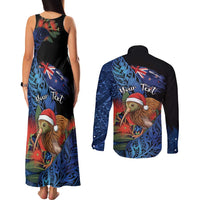 Personalised New Zealand Christmas Couples Matching Tank Maxi Dress and Long Sleeve Button Shirt Santa Kiwi Bird With Pohutukawa Flowers - Polynesian Pride