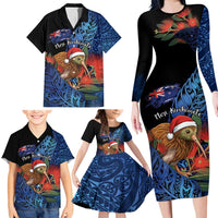 Personalised New Zealand Christmas Family Matching Long Sleeve Bodycon Dress and Hawaiian Shirt Santa Kiwi Bird With Pohutukawa Flowers DT05 - Polynesian Pride