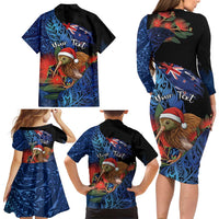 Personalised New Zealand Christmas Family Matching Long Sleeve Bodycon Dress and Hawaiian Shirt Santa Kiwi Bird With Pohutukawa Flowers - Polynesian Pride