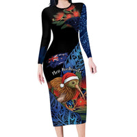 Personalised New Zealand Christmas Family Matching Long Sleeve Bodycon Dress and Hawaiian Shirt Santa Kiwi Bird With Pohutukawa Flowers DT05 Mom's Dress Navy - Polynesian Pride