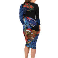 Personalised New Zealand Christmas Family Matching Long Sleeve Bodycon Dress and Hawaiian Shirt Santa Kiwi Bird With Pohutukawa Flowers - Polynesian Pride