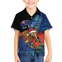 Personalised New Zealand Christmas Family Matching Long Sleeve Bodycon Dress and Hawaiian Shirt Santa Kiwi Bird With Pohutukawa Flowers DT05 Son's Shirt Navy - Polynesian Pride