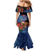 Personalised New Zealand Christmas Family Matching Mermaid Dress and Hawaiian Shirt Santa Kiwi Bird With Pohutukawa Flowers DT05 - Polynesian Pride