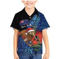 Personalised New Zealand Christmas Family Matching Mermaid Dress and Hawaiian Shirt Santa Kiwi Bird With Pohutukawa Flowers DT05 Son's Shirt Navy - Polynesian Pride