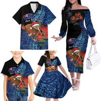 Personalised New Zealand Christmas Family Matching Off The Shoulder Long Sleeve Dress and Hawaiian Shirt Santa Kiwi Bird With Pohutukawa Flowers DT05 - Polynesian Pride