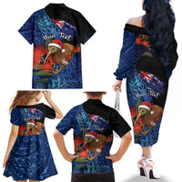 Personalised New Zealand Christmas Family Matching Off The Shoulder Long Sleeve Dress and Hawaiian Shirt Santa Kiwi Bird With Pohutukawa Flowers - Polynesian Pride