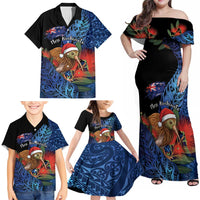 Personalised New Zealand Christmas Family Matching Off Shoulder Maxi Dress and Hawaiian Shirt Santa Kiwi Bird With Pohutukawa Flowers DT05 - Polynesian Pride