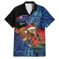 Personalised New Zealand Christmas Family Matching Off Shoulder Maxi Dress and Hawaiian Shirt Santa Kiwi Bird With Pohutukawa Flowers DT05 Dad's Shirt - Short Sleeve Navy - Polynesian Pride