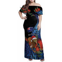 Personalised New Zealand Christmas Family Matching Off Shoulder Maxi Dress and Hawaiian Shirt Santa Kiwi Bird With Pohutukawa Flowers DT05 Mom's Dress Navy - Polynesian Pride