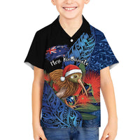 Personalised New Zealand Christmas Family Matching Off Shoulder Maxi Dress and Hawaiian Shirt Santa Kiwi Bird With Pohutukawa Flowers DT05 Son's Shirt Navy - Polynesian Pride