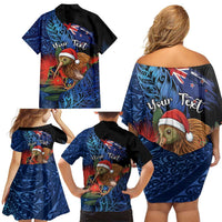 Personalised New Zealand Christmas Family Matching Off Shoulder Short Dress and Hawaiian Shirt Santa Kiwi Bird With Pohutukawa Flowers DT05 - Polynesian Pride