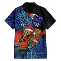 Personalised New Zealand Christmas Family Matching Off Shoulder Short Dress and Hawaiian Shirt Santa Kiwi Bird With Pohutukawa Flowers DT05 - Polynesian Pride