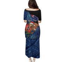 Personalised New Zealand Christmas Family Matching Puletasi and Hawaiian Shirt Santa Kiwi Bird With Pohutukawa Flowers DT05 - Polynesian Pride