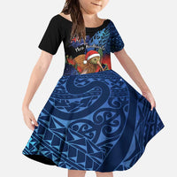 Personalised New Zealand Christmas Family Matching Short Sleeve Bodycon Dress and Hawaiian Shirt Santa Kiwi Bird With Pohutukawa Flowers DT05 Daughter's Dress Navy - Polynesian Pride