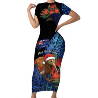 Personalised New Zealand Christmas Family Matching Short Sleeve Bodycon Dress and Hawaiian Shirt Santa Kiwi Bird With Pohutukawa Flowers DT05 Mom's Dress Navy - Polynesian Pride