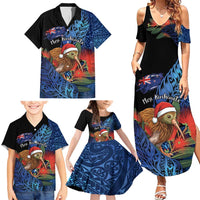 Personalised New Zealand Christmas Family Matching Summer Maxi Dress and Hawaiian Shirt Santa Kiwi Bird With Pohutukawa Flowers - Polynesian Pride