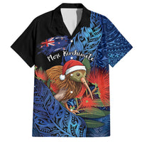 Personalised New Zealand Christmas Family Matching Summer Maxi Dress and Hawaiian Shirt Santa Kiwi Bird With Pohutukawa Flowers DT05 Dad's Shirt - Short Sleeve Navy - Polynesian Pride