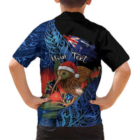 Personalised New Zealand Christmas Family Matching Tank Maxi Dress and Hawaiian Shirt Santa Kiwi Bird With Pohutukawa Flowers DT05 - Polynesian Pride