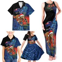 Personalised New Zealand Christmas Family Matching Tank Maxi Dress and Hawaiian Shirt Santa Kiwi Bird With Pohutukawa Flowers DT05 - Polynesian Pride
