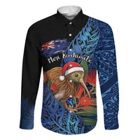 Personalised New Zealand Christmas Family Matching Tank Maxi Dress and Hawaiian Shirt Santa Kiwi Bird With Pohutukawa Flowers DT05 Dad's Shirt - Long Sleeve Navy - Polynesian Pride