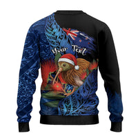 Personalised New Zealand Christmas Ugly Christmas Sweater Santa Kiwi Bird With Pohutukawa Flowers - Polynesian Pride