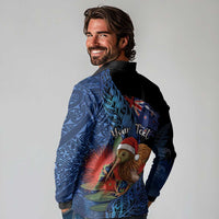 Personalised New Zealand Christmas Long Sleeve Polo Shirt Santa Kiwi Bird With Pohutukawa Flowers - Polynesian Pride