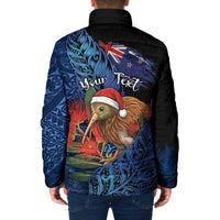 Personalised New Zealand Christmas Padded Jacket Santa Kiwi Bird With Pohutukawa Flowers - Polynesian Pride