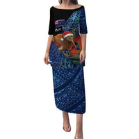 Personalised New Zealand Christmas Puletasi Santa Kiwi Bird With Pohutukawa Flowers DT05 Long Dress Navy - Polynesian Pride