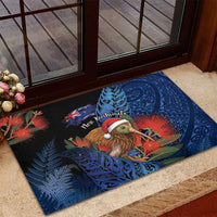 New Zealand Christmas Rubber Doormat Santa Kiwi Bird With Pohutukawa Flowers - Polynesian Pride