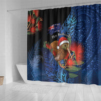 New Zealand Christmas Shower Curtain Santa Kiwi Bird With Pohutukawa Flowers - Polynesian Pride