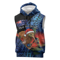 Personalised New Zealand Christmas Sleeveless Hoodie Santa Kiwi Bird With Pohutukawa Flowers - Polynesian Pride