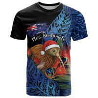 Personalised New Zealand Christmas T Shirt Santa Kiwi Bird With Pohutukawa Flowers DT05 Navy - Polynesian Pride