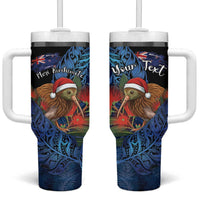 Personalised New Zealand Christmas Tumbler With Handle Santa Kiwi Bird With Pohutukawa Flowers - Polynesian Pride
