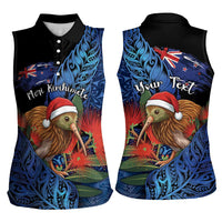Personalised New Zealand Christmas Women Sleeveless Polo Shirt Santa Kiwi Bird With Pohutukawa Flowers - Polynesian Pride