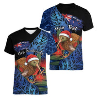 Personalised New Zealand Christmas Women V-Neck T-Shirt Santa Kiwi Bird With Pohutukawa Flowers DT05 - Polynesian Pride