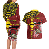 Rotuma Christmas Couples Matching Long Sleeve Bodycon Dress and Hawaiian Shirt Rotuma Myzomela Birds With Hibiscus Flowers DT05 - Polynesian Pride