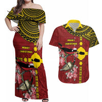 Rotuma Christmas Couples Matching Off Shoulder Maxi Dress and Hawaiian Shirt Rotuma Myzomela Birds With Hibiscus Flowers - Polynesian Pride