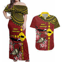 Rotuma Christmas Couples Matching Off Shoulder Maxi Dress and Hawaiian Shirt Rotuma Myzomela Birds With Hibiscus Flowers - Polynesian Pride