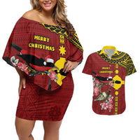 Rotuma Christmas Couples Matching Off Shoulder Short Dress and Hawaiian Shirt Rotuma Myzomela Birds With Hibiscus Flowers - Polynesian Pride